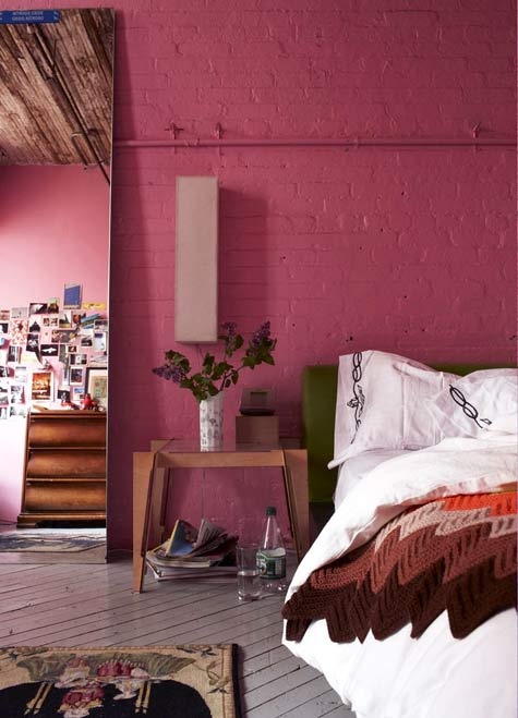 painted-pink-brick-walls-bedroom